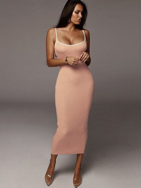 Bodycon Midi Dress with Spaghetti Straps and Open Back Midi Dresses MyDresses Pink 8 | S 