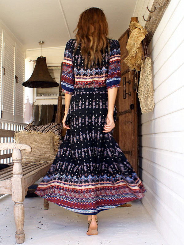 Bohemian Long Dress with Floral Geometric Print and Belted Waist Maxi Dresses MyDresses 