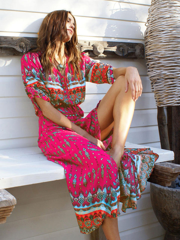 Bohemian Long Dress with Floral Geometric Print and Belted Waist Maxi Dresses MyDresses Red 8 | S 
