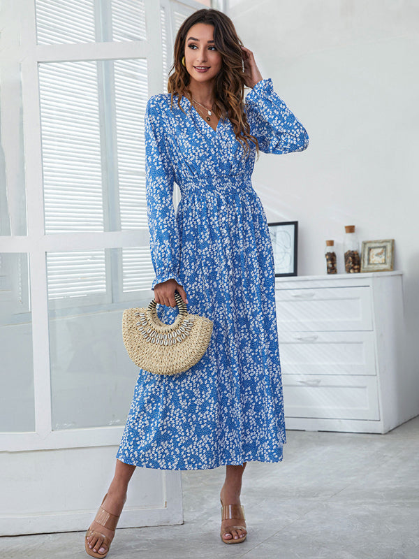 Floral Print V-neck Midi Dress with High Waist and Split Midi Dresses MyDresses 