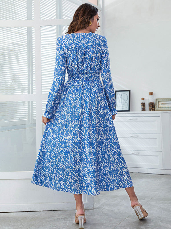 Floral Print V-neck Midi Dress with High Waist and Split Midi Dresses MyDresses 