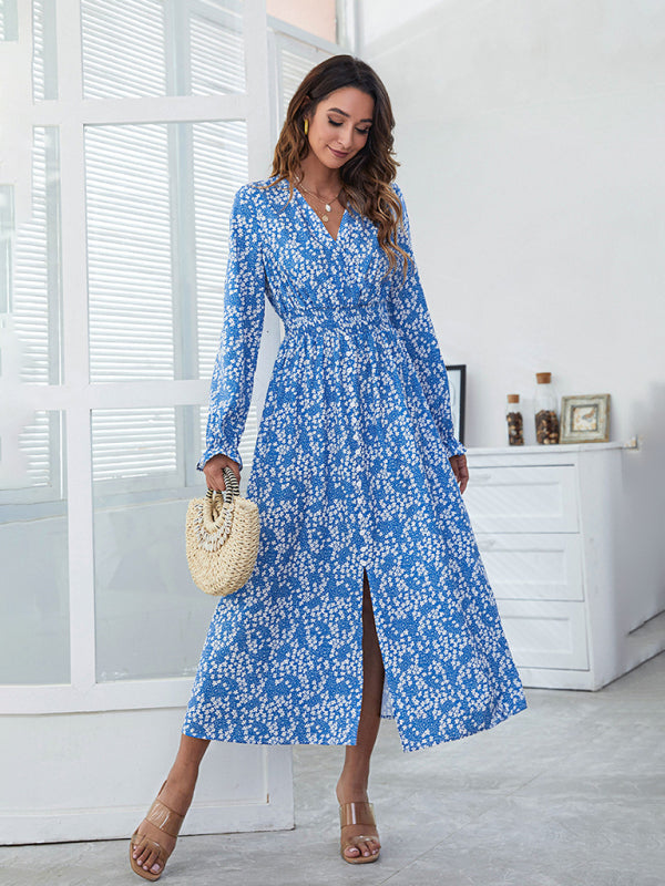 Floral Print V-neck Midi Dress with High Waist and Split Midi Dresses MyDresses Blue 8 | S 