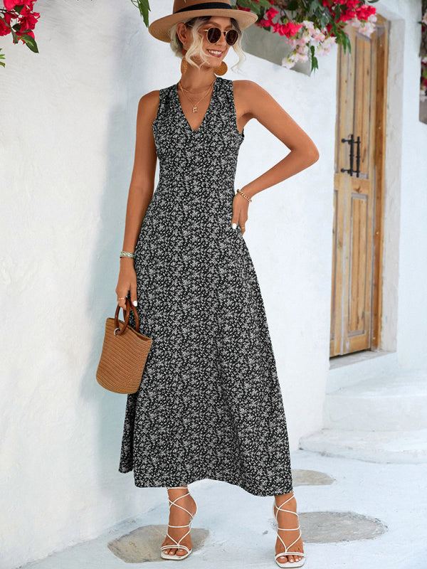 Floral Print Maxi Dress with V-Neck Halter Design Maxi Dresses MyDresses Black 8 | S 