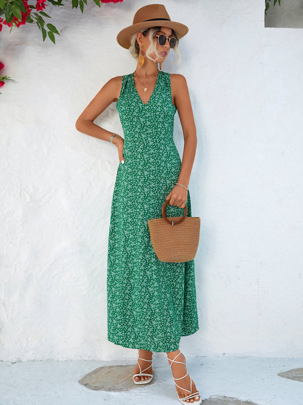 Floral Print Maxi Dress with V-Neck Halter Design Maxi Dresses MyDresses 