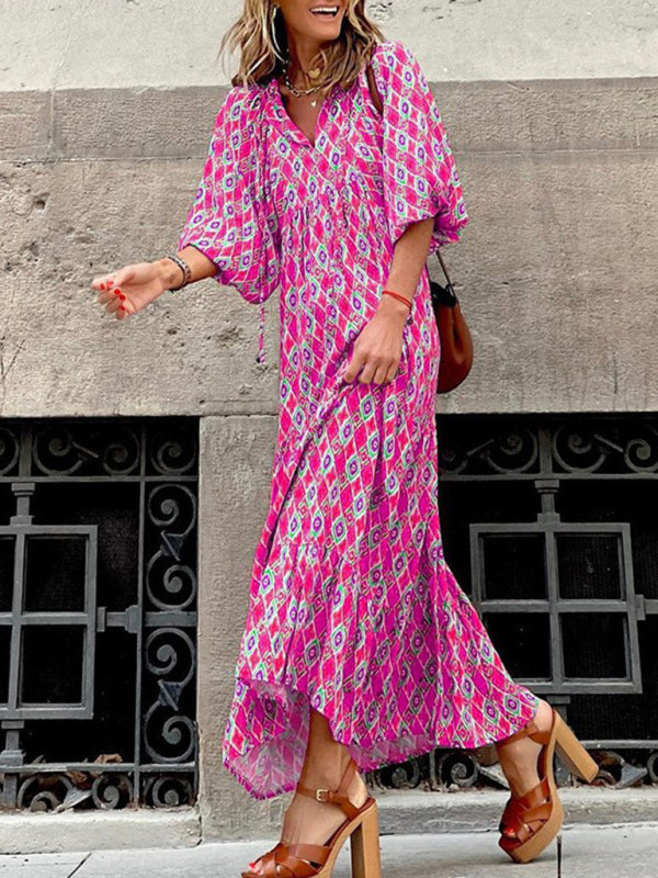 Geometric Print Maxi Dress with Puff Sleeves and Tiered Design Maxi Dresses MyDresses 