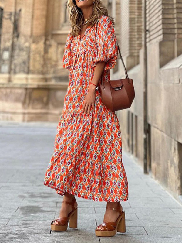 Geometric Print Maxi Dress with Puff Sleeves and Tiered Design Maxi Dresses MyDresses Pattern 2 S 