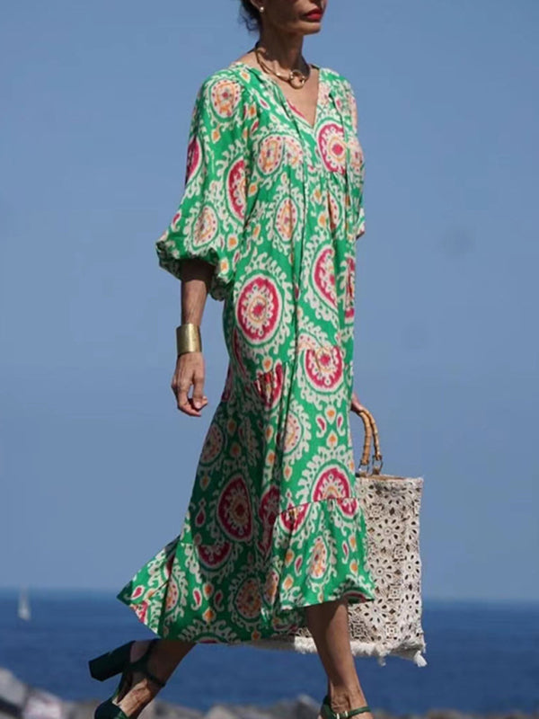 Geometric Print Maxi Dress with Puff Sleeves and Tiered Design Maxi Dresses MyDresses 