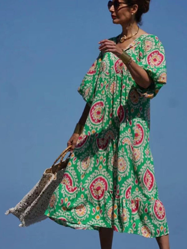 Geometric Print Maxi Dress with Puff Sleeves and Tiered Design Maxi Dresses MyDresses Pattern 3 S 