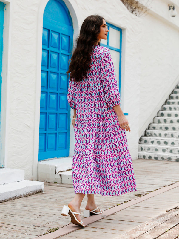 Geometric Print Maxi Dress with Puff Sleeves and Tiered Design Maxi Dresses MyDresses 