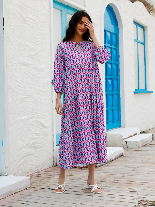 Geometric Print Maxi Dress with Puff Sleeves and Tiered Design Maxi Dresses MyDresses 