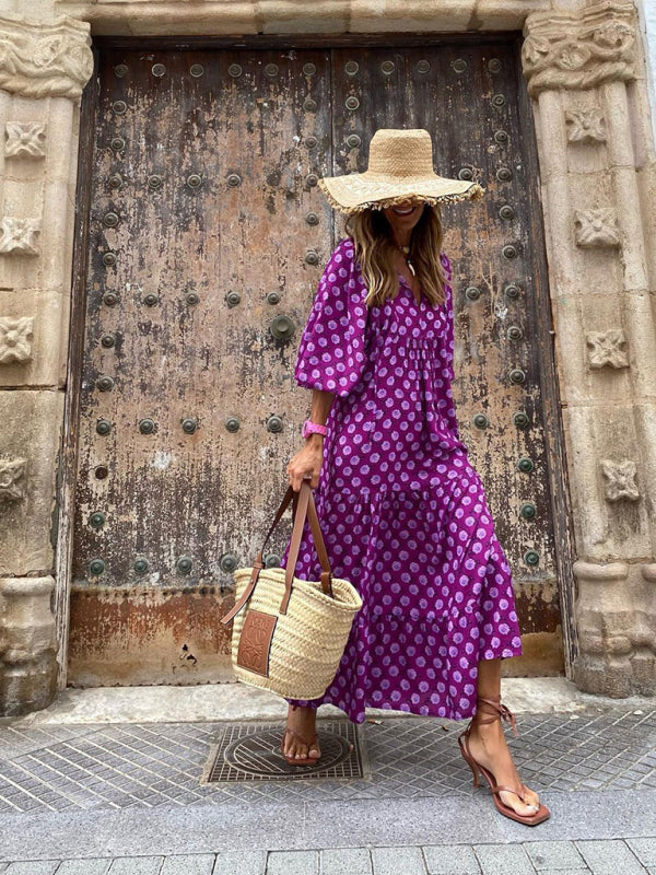 Geometric Print Maxi Dress with Puff Sleeves and Tiered Design Maxi Dresses MyDresses 