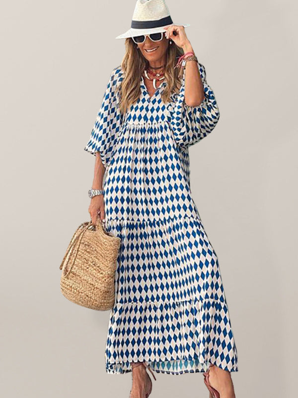 Geometric Print Maxi Dress with Puff Sleeves and Tiered Design Maxi Dresses MyDresses Blue 8 | S 