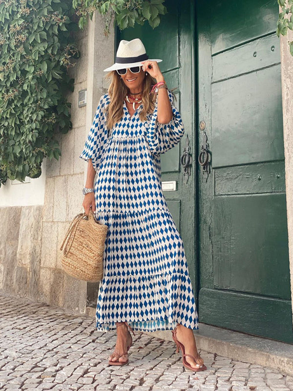 Geometric Print Maxi Dress with Puff Sleeves and Tiered Design Maxi Dresses MyDresses 