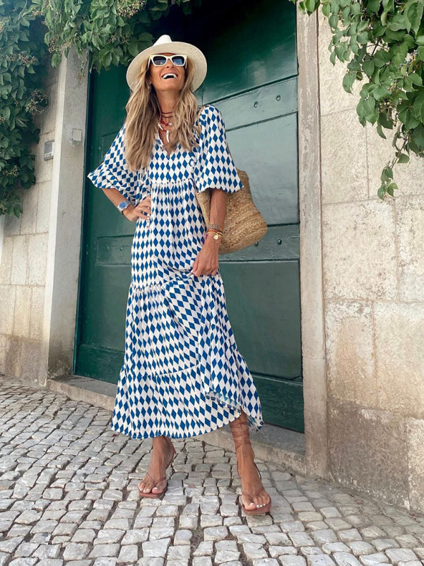 Geometric Print Maxi Dress with Puff Sleeves and Tiered Design Maxi Dresses MyDresses 