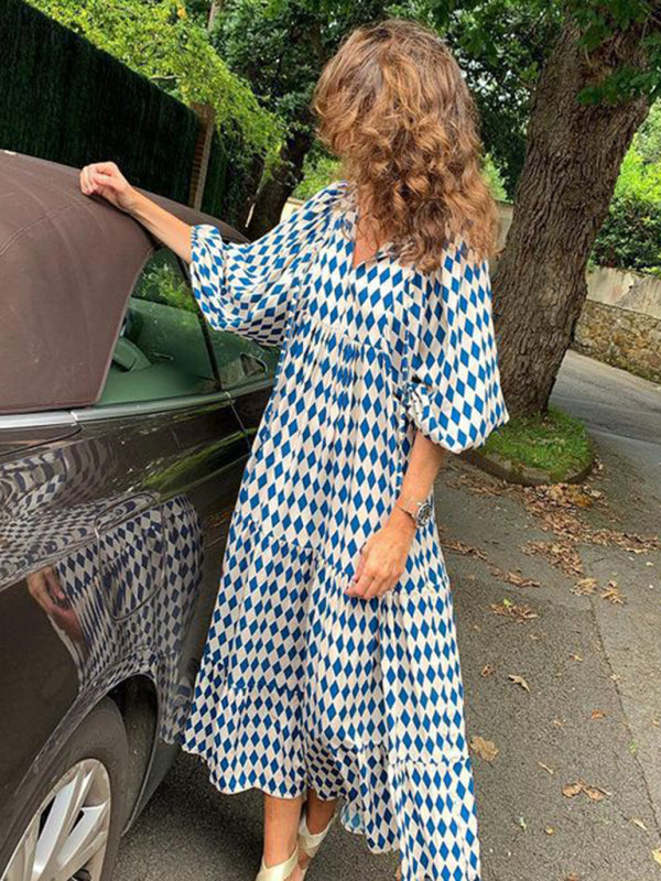 Geometric Print Maxi Dress with Puff Sleeves and Tiered Design Maxi Dresses MyDresses 