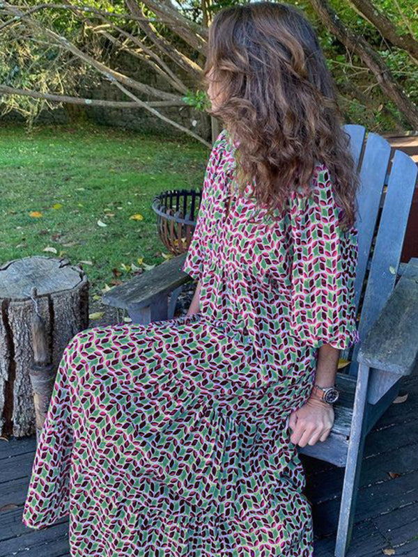 Geometric Print Maxi Dress with Puff Sleeves and Tiered Design Maxi Dresses MyDresses Violet S 