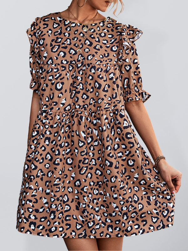 Leopard Print Mini Dress with Ruffle Sleeves and Tiered Design Mini Dresses MyDresses Brown 8 | S 