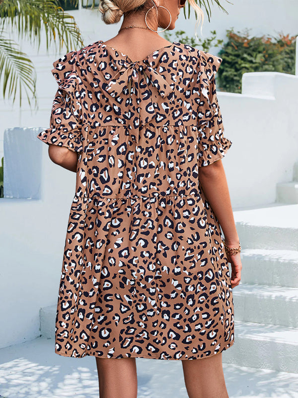 Leopard Print Mini Dress with Ruffle Sleeves and Tiered Design Mini Dresses MyDresses 