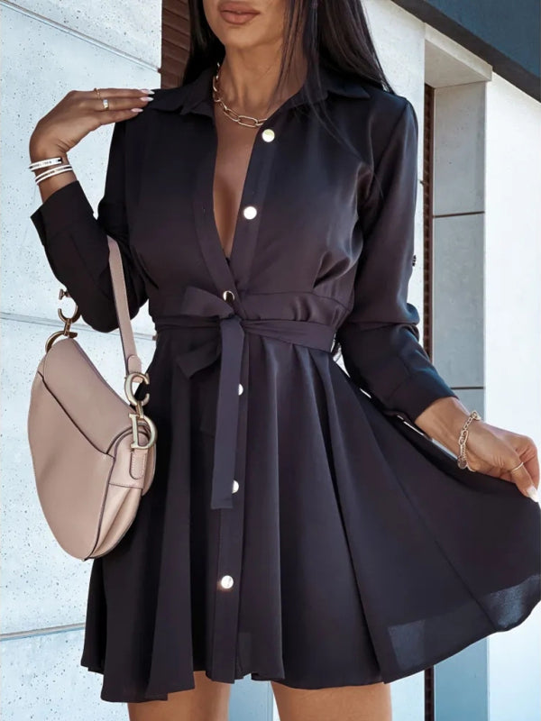Lapel Collar Shirt Dress with Button-Down Front and Tie Waist Mini Dresses MyDresses Black 6 | XS 