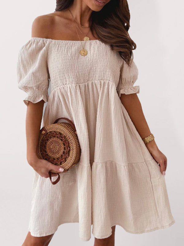 Off-Shoulder Summer Dress with Tiered Skirt and Puffed Sleeves Mini Dresses MyDresses Khaki 6 | XS 
