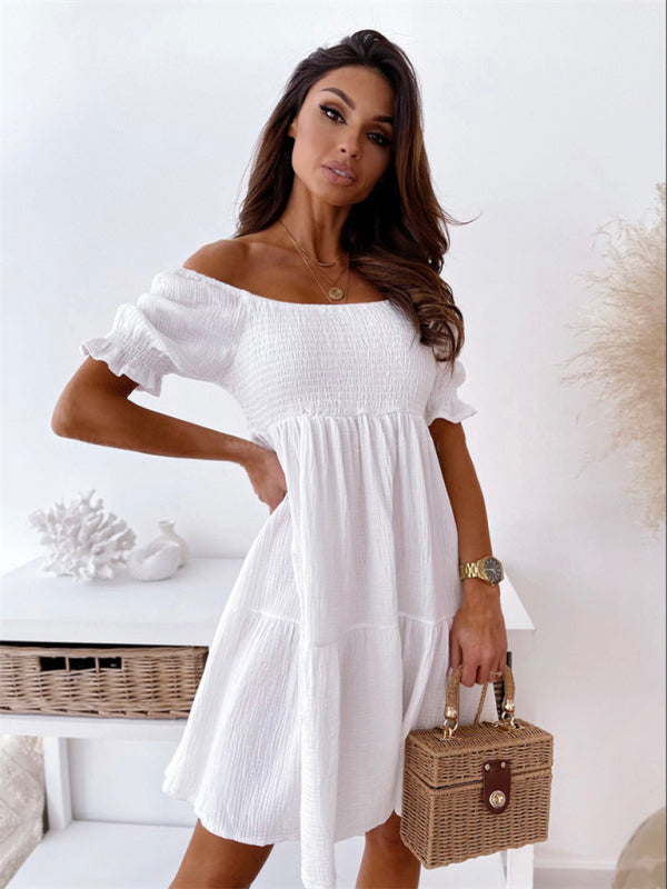 Off-Shoulder Summer Dress with Tiered Skirt and Puffed Sleeves Mini Dresses MyDresses White 6 | XS 