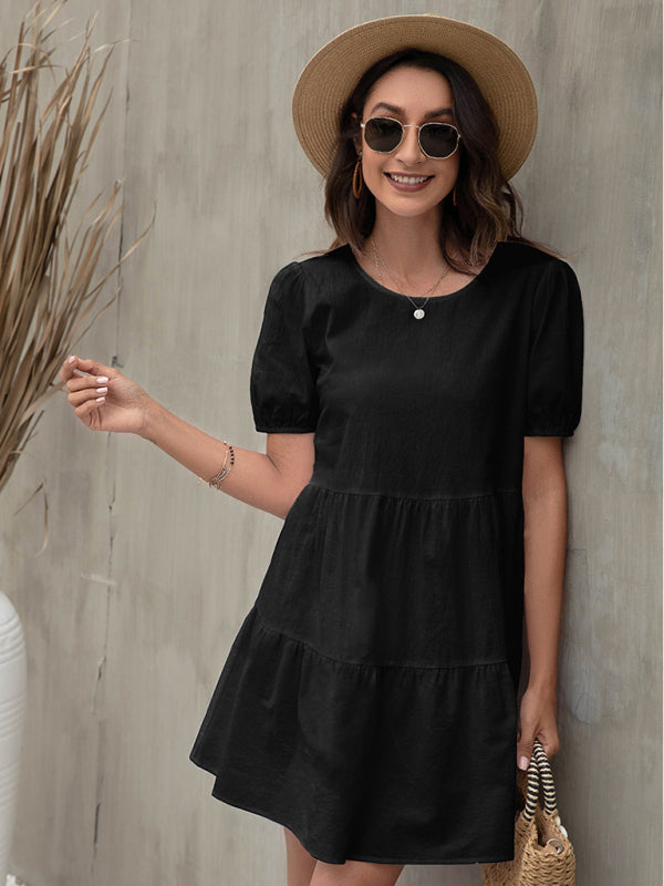Puff Sleeve A-line Dress with Tiered Design Mini Dresses MyDresses Black 8 | S 
