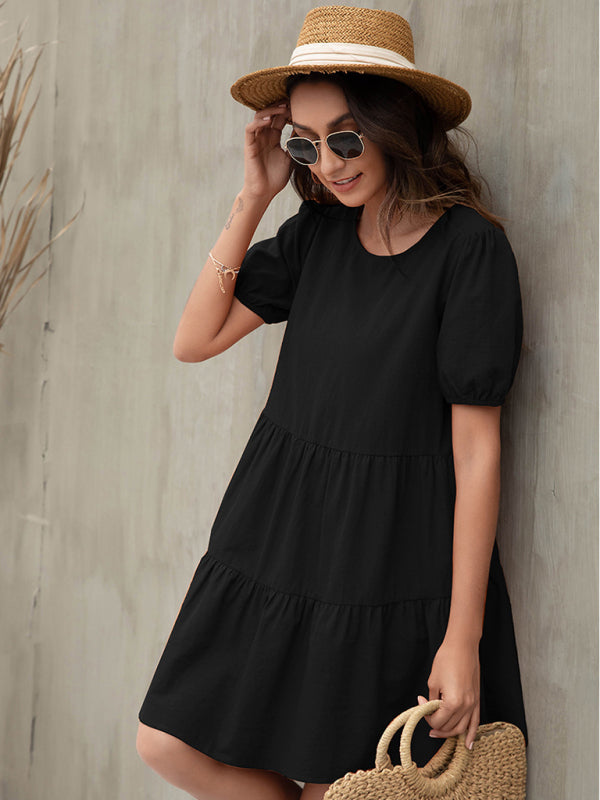 Puff Sleeve A-line Dress with Tiered Design Mini Dresses MyDresses 