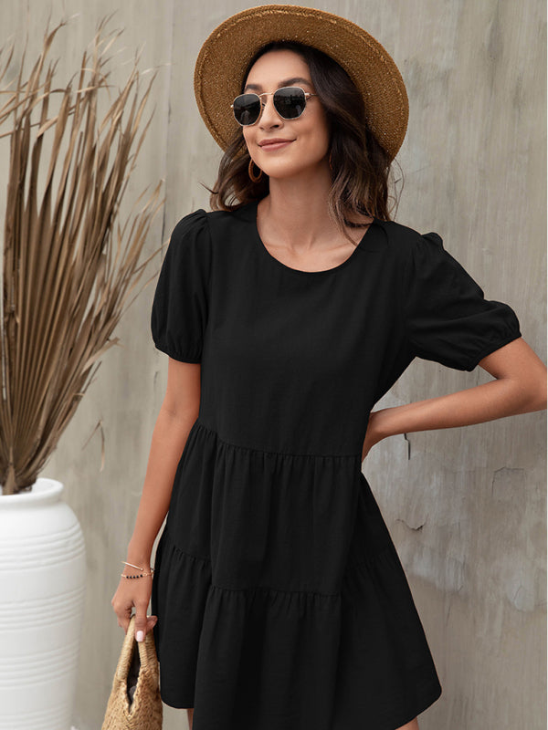 Puff Sleeve A-line Dress with Tiered Design Mini Dresses MyDresses 