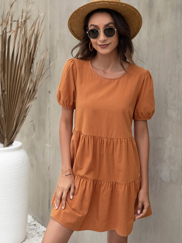 Puff Sleeve A-line Dress with Tiered Design Mini Dresses MyDresses Orange 8 | S 