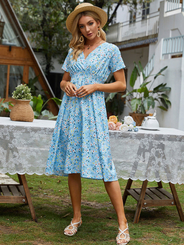 Floral Print Midi Dress with Square Neck and Fitted Waist Midi Dresses MyDresses