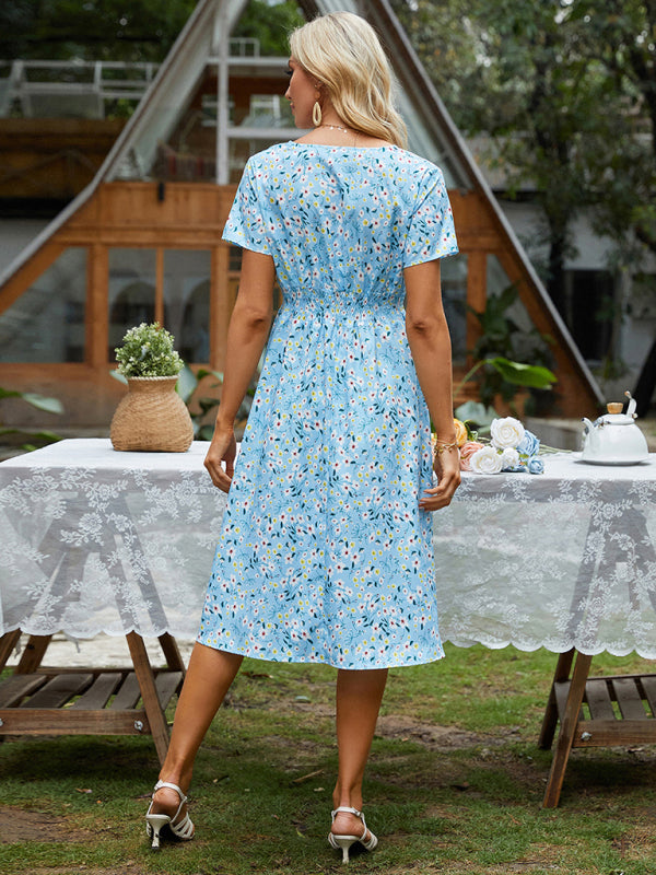 Floral Print Midi Dress with Square Neck and Fitted Waist Midi Dresses MyDresses