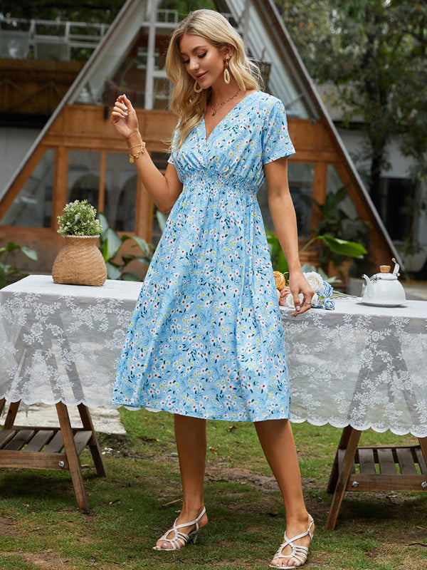 Floral Print Midi Dress with Square Neck and Fitted Waist Midi Dresses MyDresses