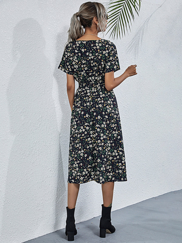 Floral Print Midi Dress with Square Neck and Fitted Waist Midi Dresses MyDresses