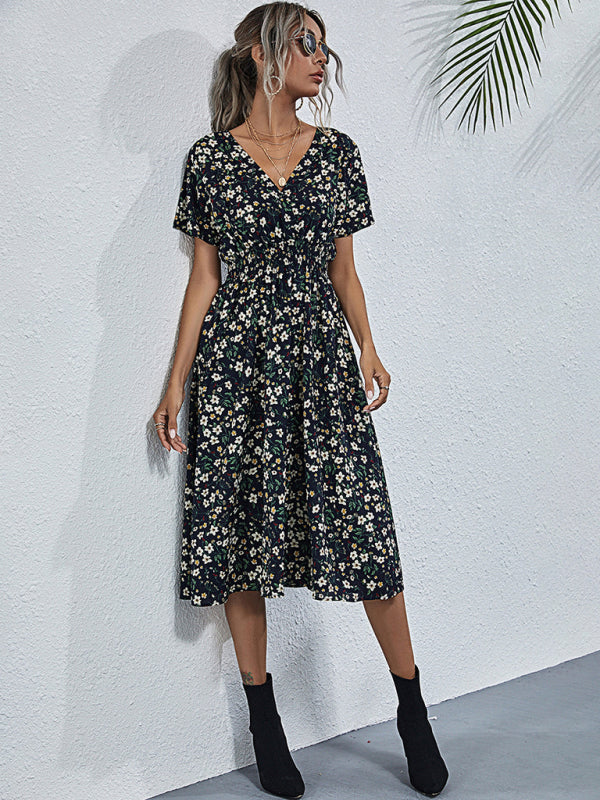 Floral Print Midi Dress with Square Neck and Fitted Waist Midi Dresses MyDresses Black 8 | S