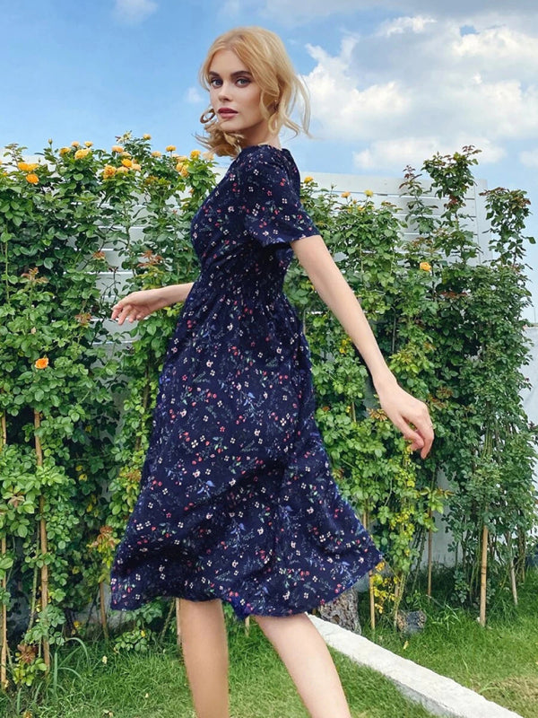 Floral Print Midi Dress with Square Neck and Fitted Waist Midi Dresses MyDresses
