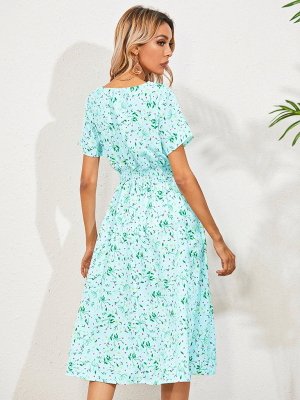 Floral Print Midi Dress with Square Neck and Fitted Waist Midi Dresses MyDresses