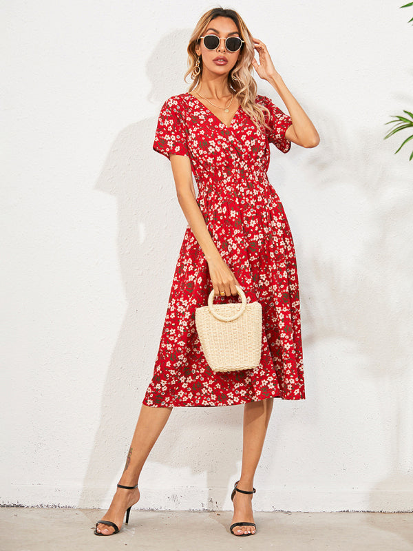 Floral Print Midi Dress with Square Neck and Fitted Waist Midi Dresses MyDresses