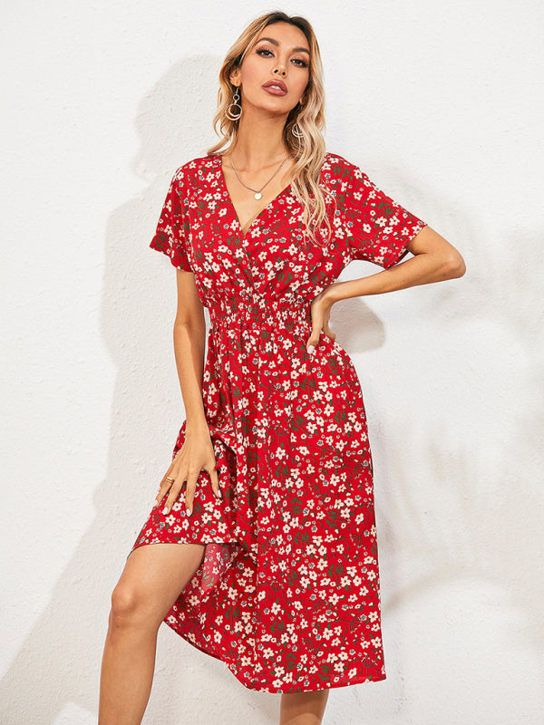 Floral Print Midi Dress with Square Neck and Fitted Waist Midi Dresses MyDresses Red 8 | S
