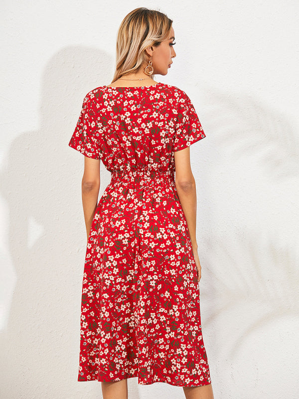 Floral Print Midi Dress with Square Neck and Fitted Waist Midi Dresses MyDresses