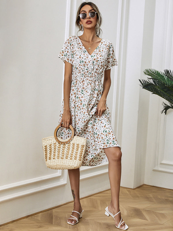 Floral Print Midi Dress with Square Neck and Fitted Waist Midi Dresses MyDresses