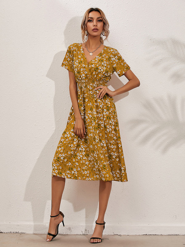 Floral Print Midi Dress with Square Neck and Fitted Waist Midi Dresses MyDresses Yellow 8 | S