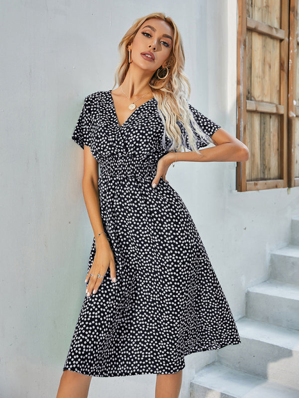 Polka Dot Midi Dress with V-Neck and Fitted Waist Midi Dresses MyDresses 