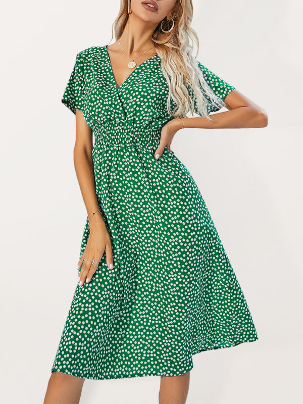 Polka Dot Midi Dress with V-Neck and Fitted Waist Midi Dresses MyDresses Green 8 | S 