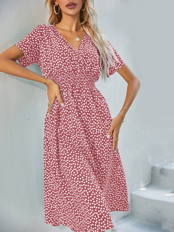 Polka Dot Midi Dress with V-Neck and Fitted Waist Midi Dresses MyDresses Purple 8 | S 