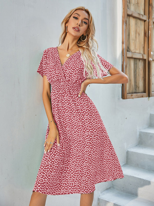 Polka Dot Midi Dress with V-Neck and Fitted Waist Midi Dresses MyDresses 
