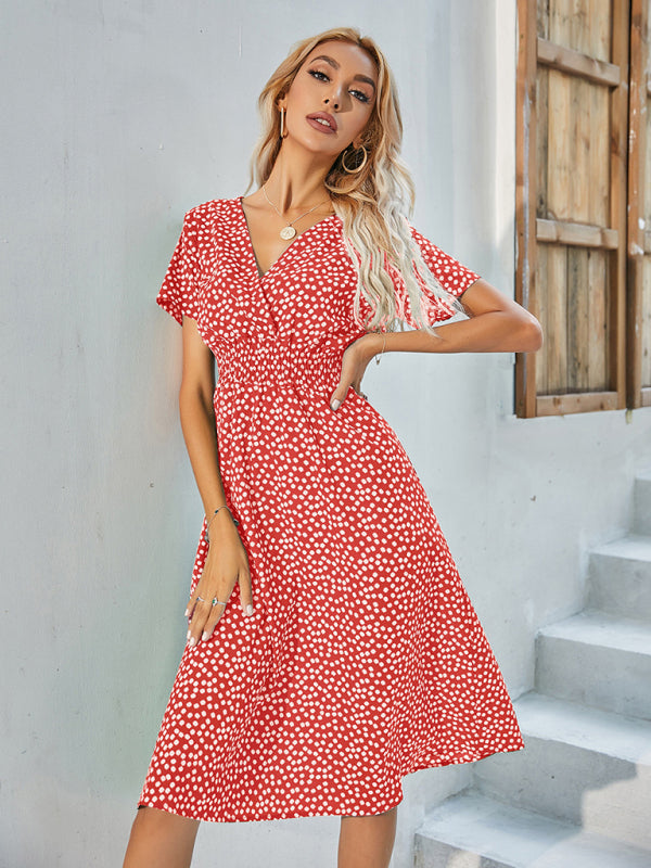 Polka Dot Midi Dress with V-Neck and Fitted Waist Midi Dresses MyDresses 