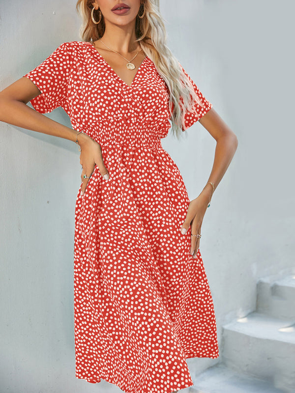 Polka Dot Midi Dress with V-Neck and Fitted Waist Midi Dresses MyDresses Red 8 | S 