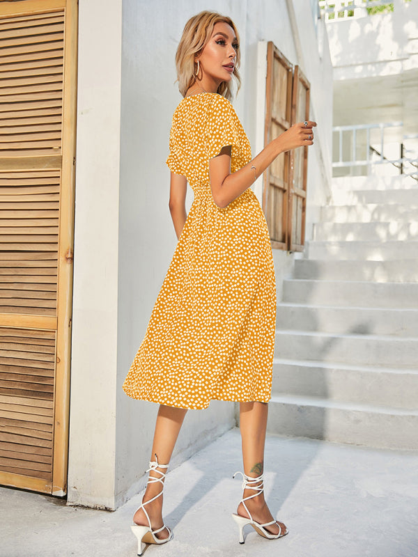 Polka Dot Midi Dress with V-Neck and Fitted Waist Midi Dresses MyDresses 