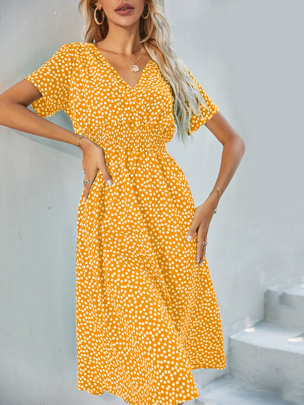 Polka Dot Midi Dress with V-Neck and Fitted Waist Midi Dresses MyDresses Yellow 8 | S 