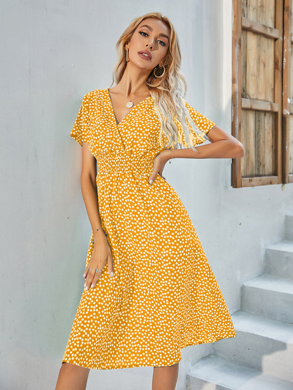 Polka Dot Midi Dress with V-Neck and Fitted Waist Midi Dresses MyDresses 